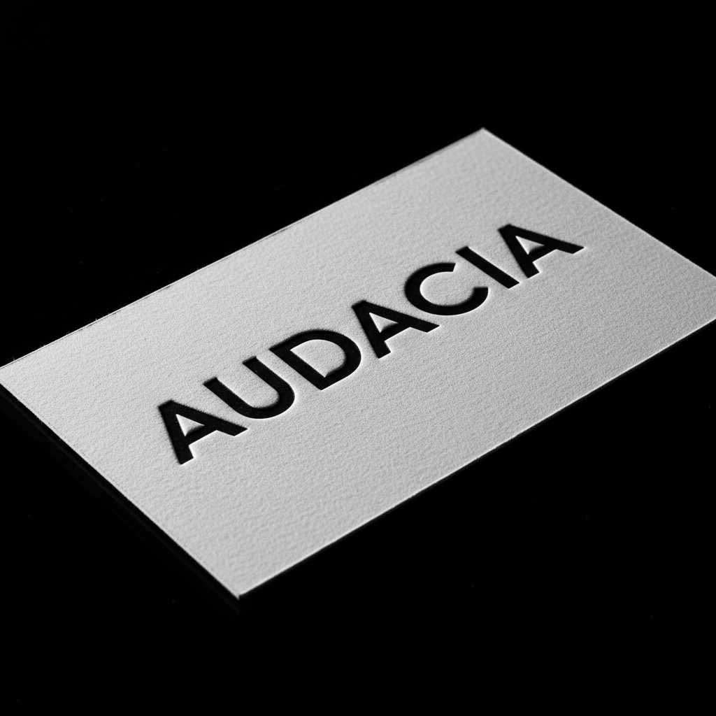 A gray business card with the word 'audacia'.