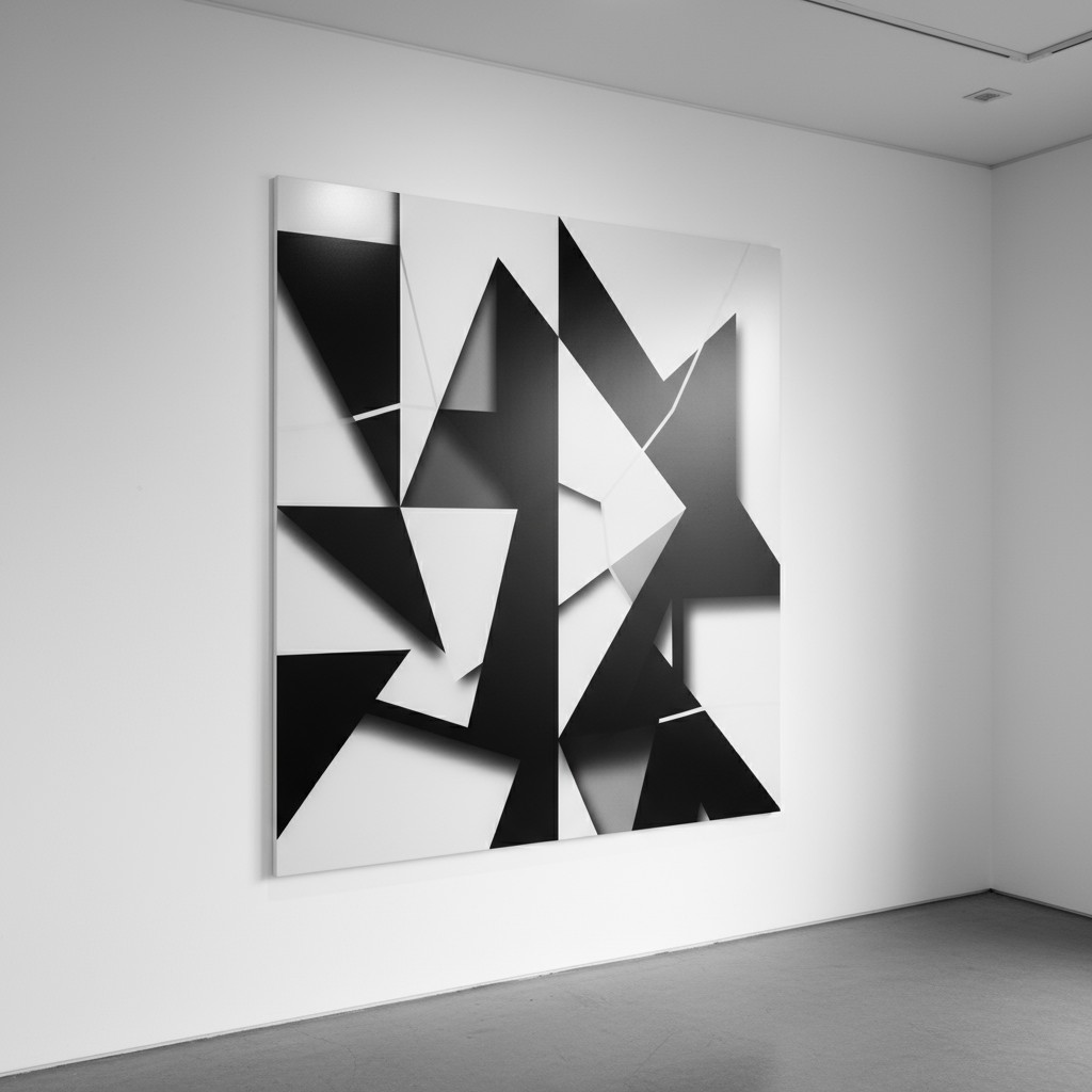 The painting is composed of various, overlapping black and white angles, mounted in a gallery. A single, thin layer of whi...