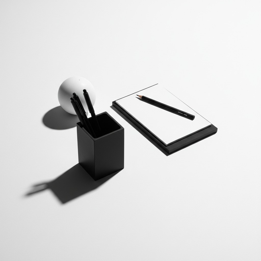 A black, monochrome image consisting of a small box containing pens and pencils, a clear plastic desktop case with pencils...